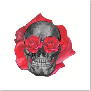 Human skull with red roses Posters and Art